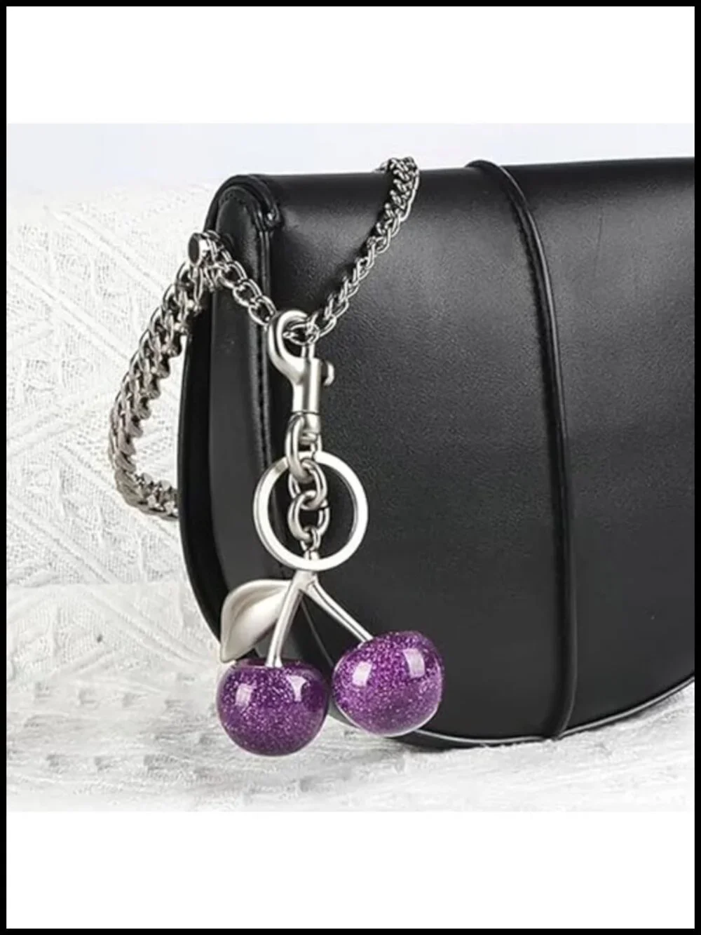 Red Cherry Keychain Bag Charm, Sparkling Glitter Resin with Gold Tone Hardware,